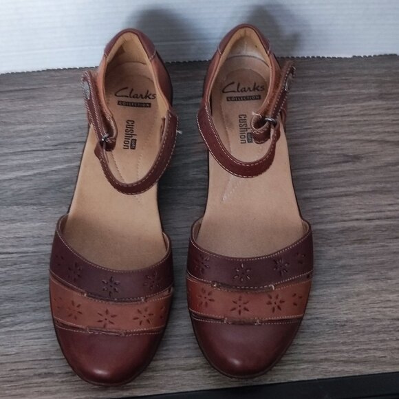 Clarks Collection soft cushion sandals women's size 8 leather 2 tone brown - Picture 4 of 16